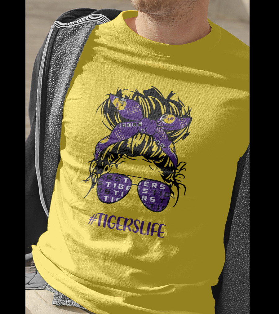 TIGERSLIFE LSU Messy Bun Girl Headband Glasses T-Shirt