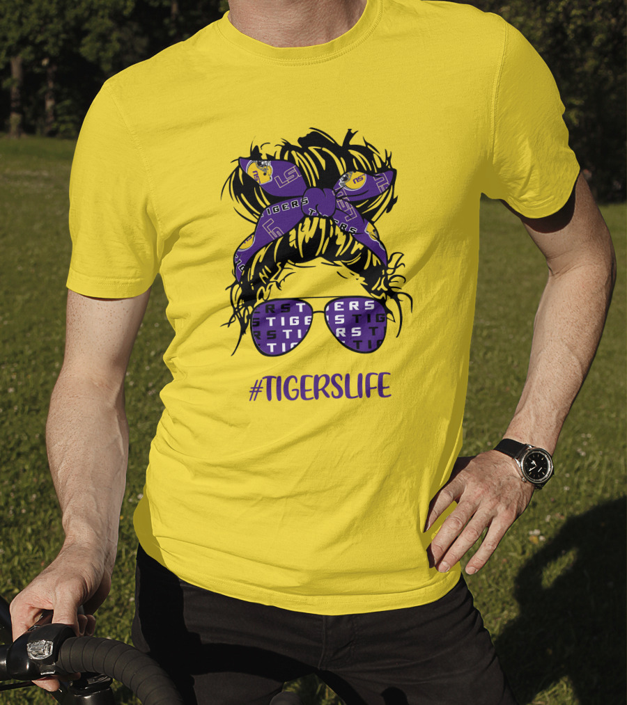TIGERSLIFE LSU Messy Bun Girl Headband Glasses T-Shirt