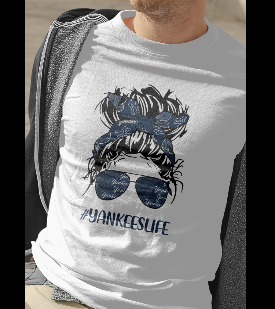 YANKEESLIFE Messy Bun Girl With Yankees Headband And Glasses T-Shirt