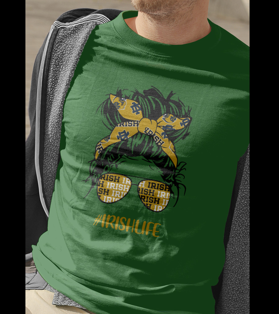 Notre Dame Fighting Irish Life Messy Bun Girl Headband Glasses #IrishLife T-Shirt