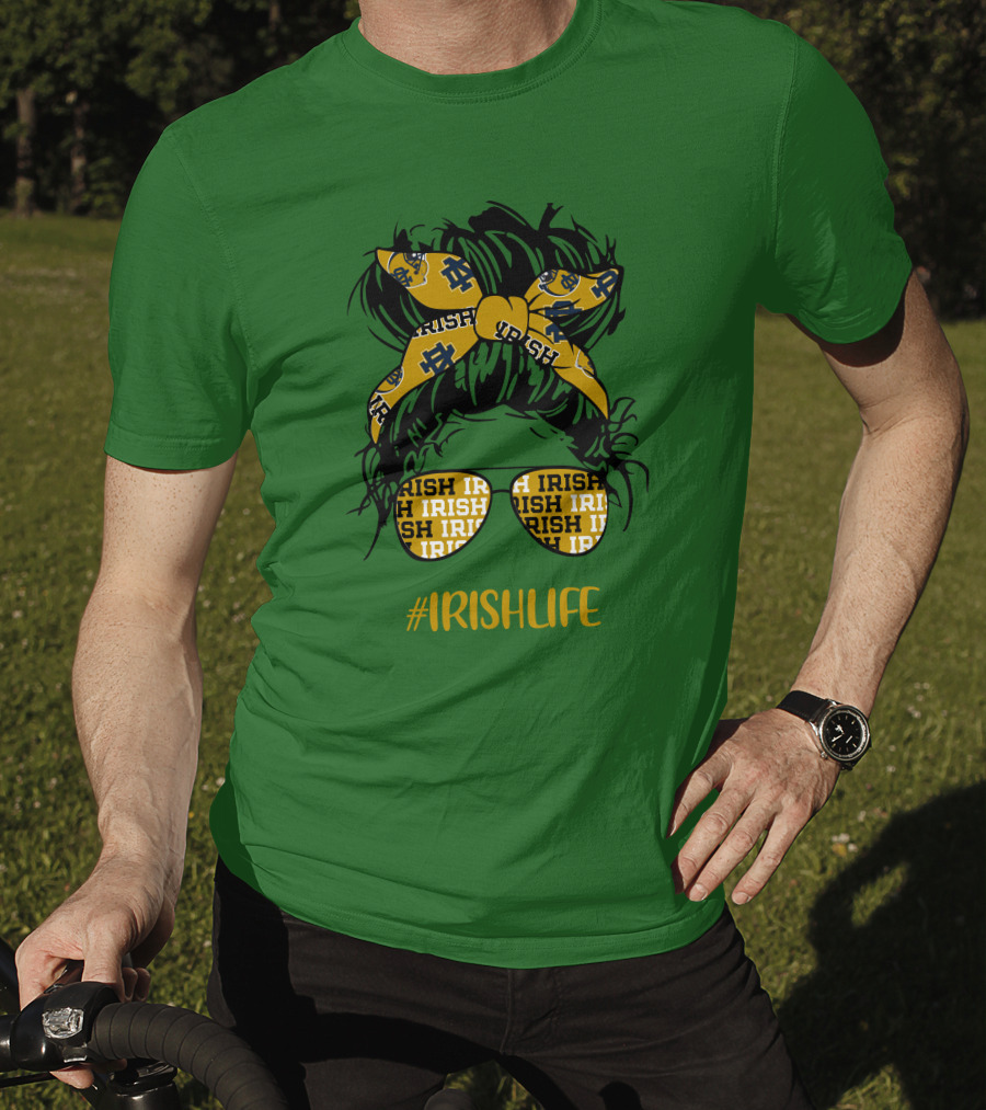 Notre Dame Fighting Irish Life Messy Bun Girl Headband Glasses #IrishLife T-Shirt