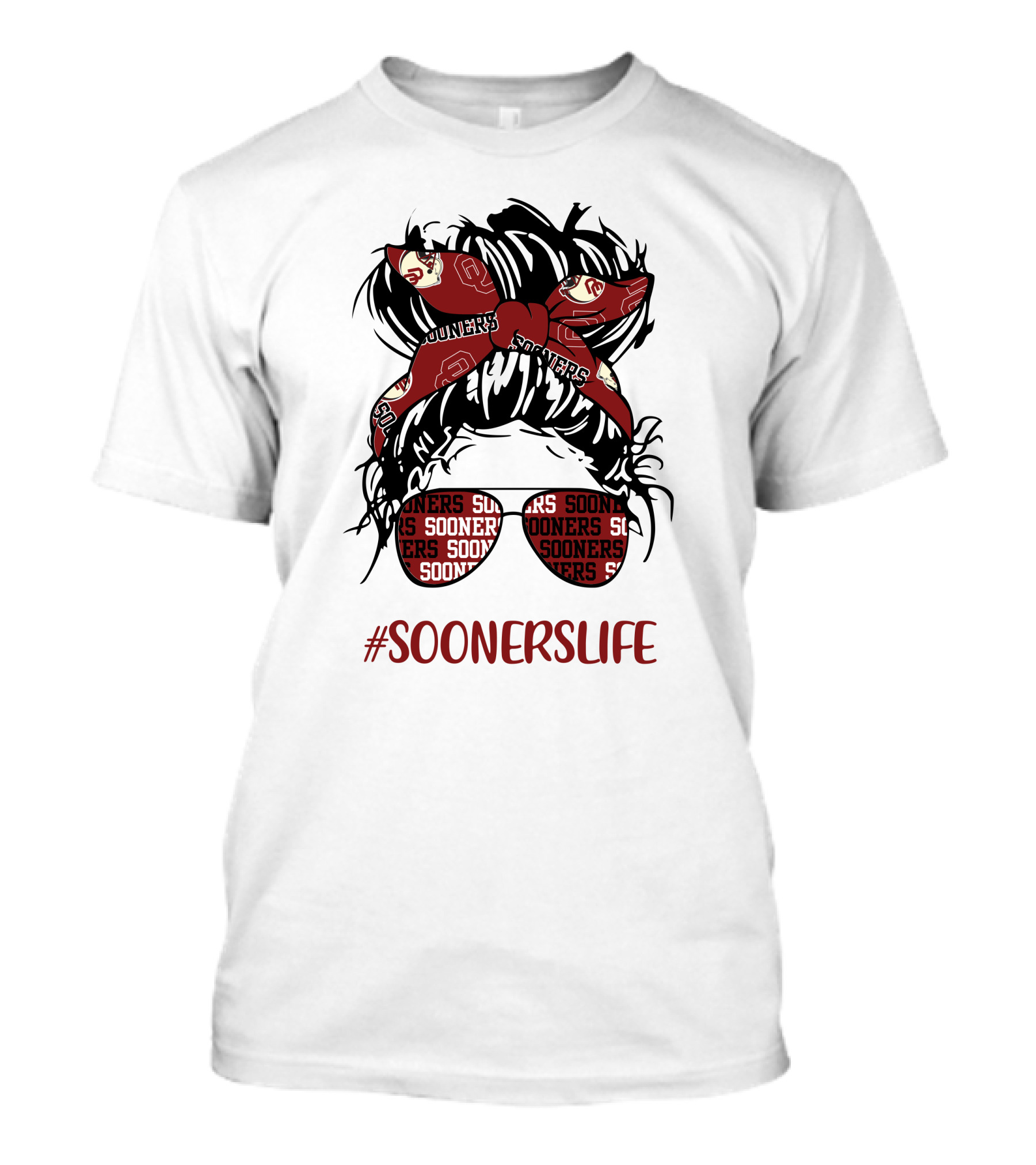 SoonersLife Messy Bun Girl Headband Glasses Oklahoma Sooners T-Shirt