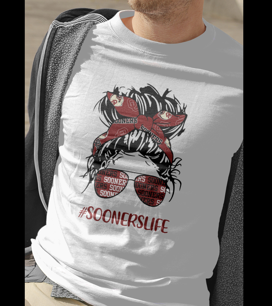 SoonersLife Messy Bun Girl Headband Glasses Oklahoma Sooners T-Shirt