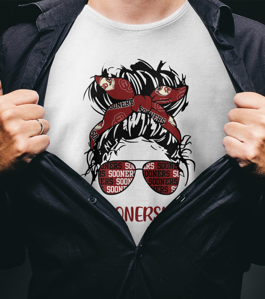 SoonersLife Messy Bun Girl Headband Glasses Oklahoma Sooners T-Shirt