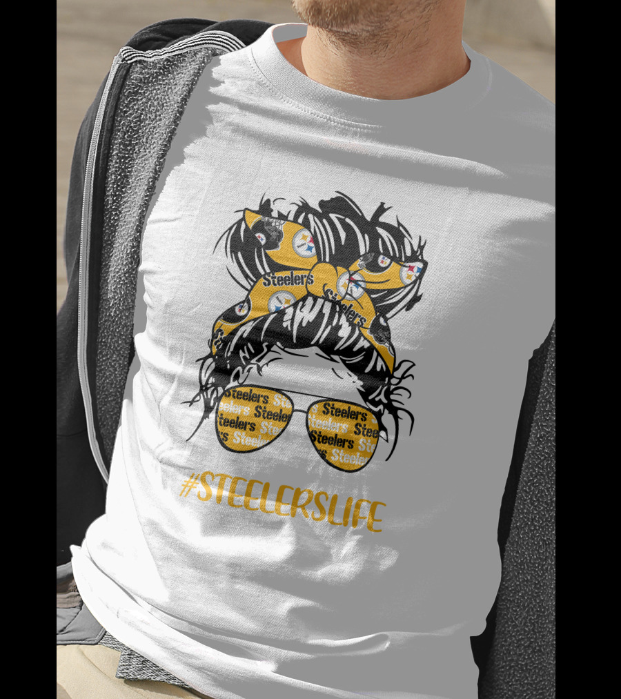 SteelersLife Messy Bun Girl With Steelers Headband And Glasses T-Shirt