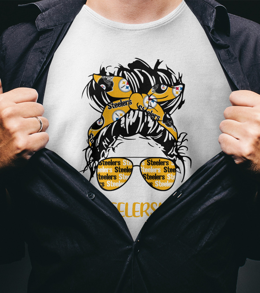 SteelersLife Messy Bun Girl With Steelers Headband And Glasses T-Shirt