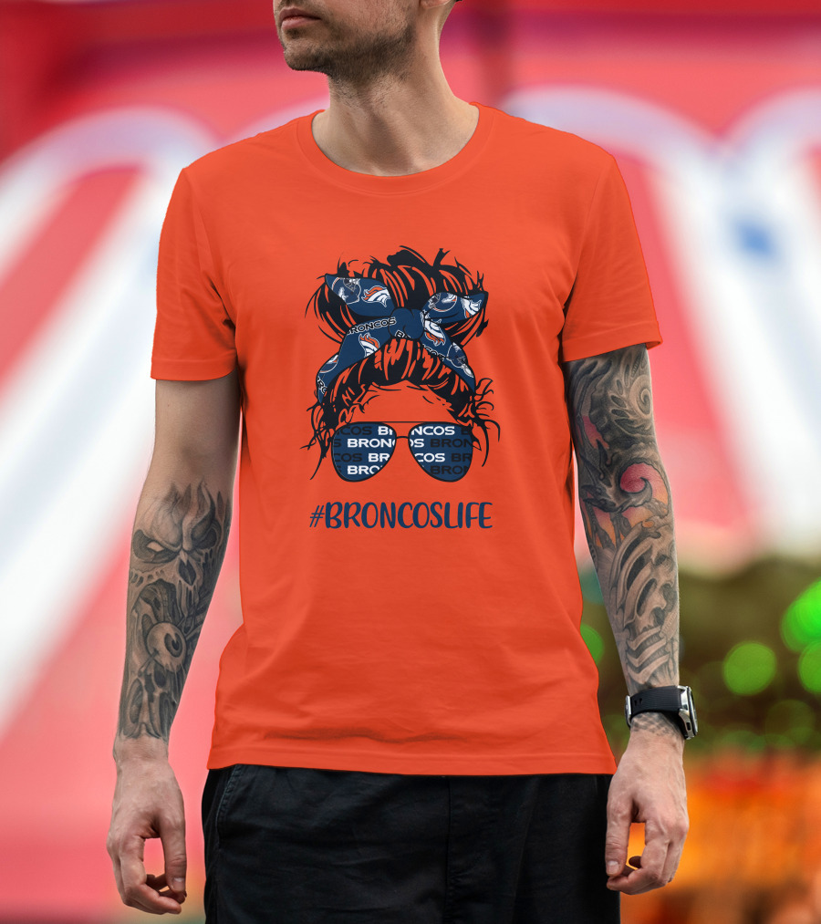 BroncosLife Messy Bun Girl With Broncos Headband And Glasses T-Shirt