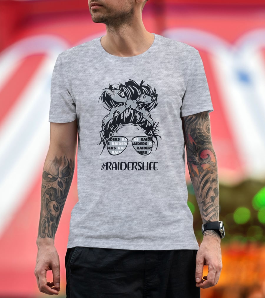 Raiderslife Messy Bun Girl With Raiders Headband Glasses Las Vegas Raiders T-Shirt