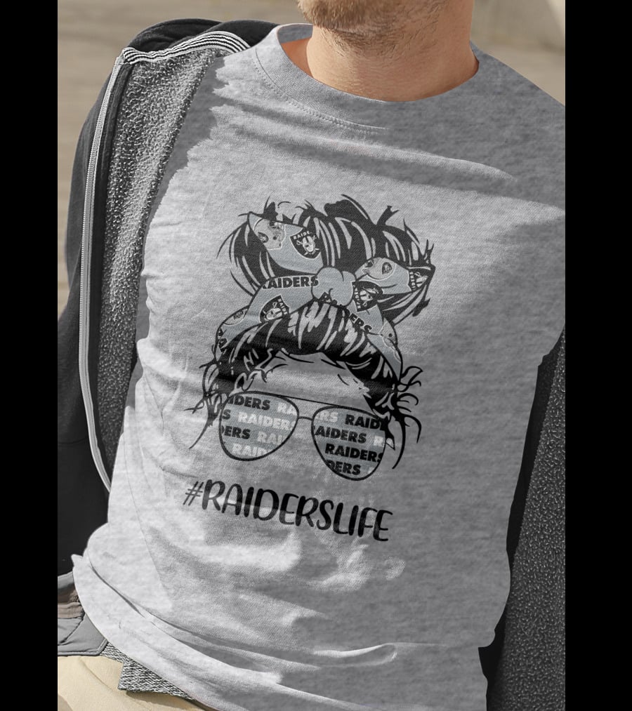 Raiderslife Messy Bun Girl With Raiders Headband Glasses Las Vegas Raiders T-Shirt