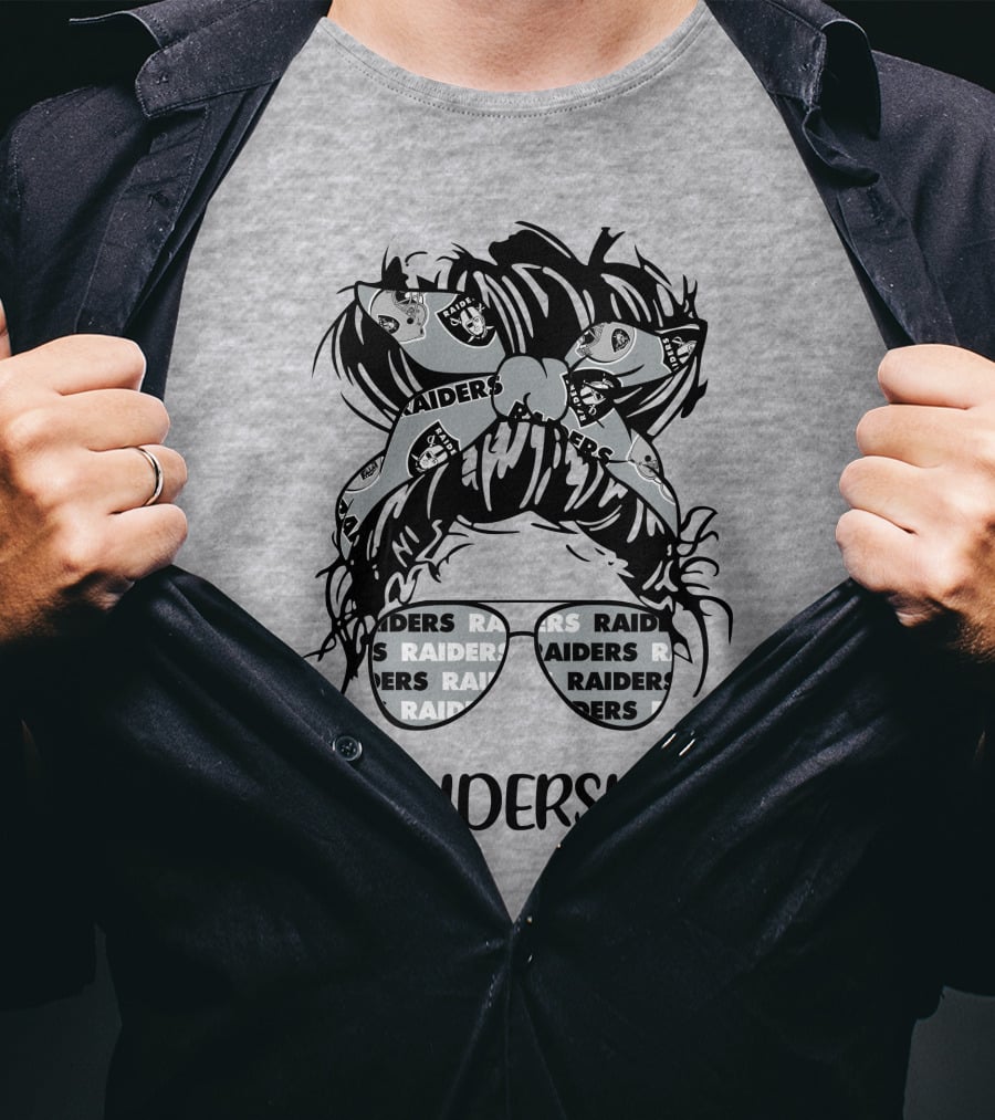 Raiderslife Messy Bun Girl With Raiders Headband Glasses Las Vegas Raiders T-Shirt