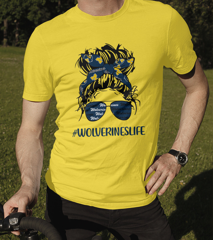 Michigan Wolverines Life Messy Bun Girl Headband Glasses Wolverines T-Shirt