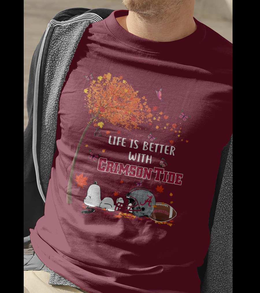 Life Is Better With Crimson Tide Alabama Football Autumn Leaves Butterflies Snoopy Woodstock T-Shirt