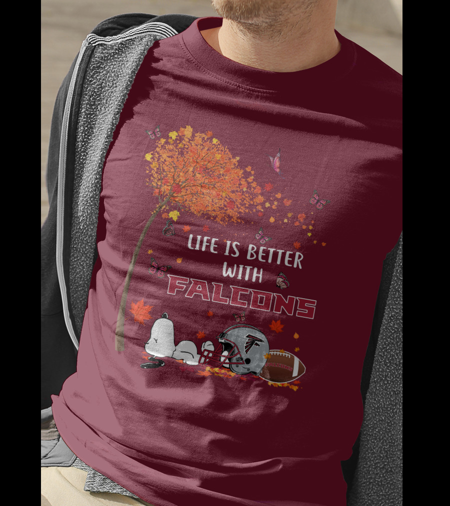 Life Is Better With Falcons Autumn Leaves Helmet Football Snoopy T-Shirt