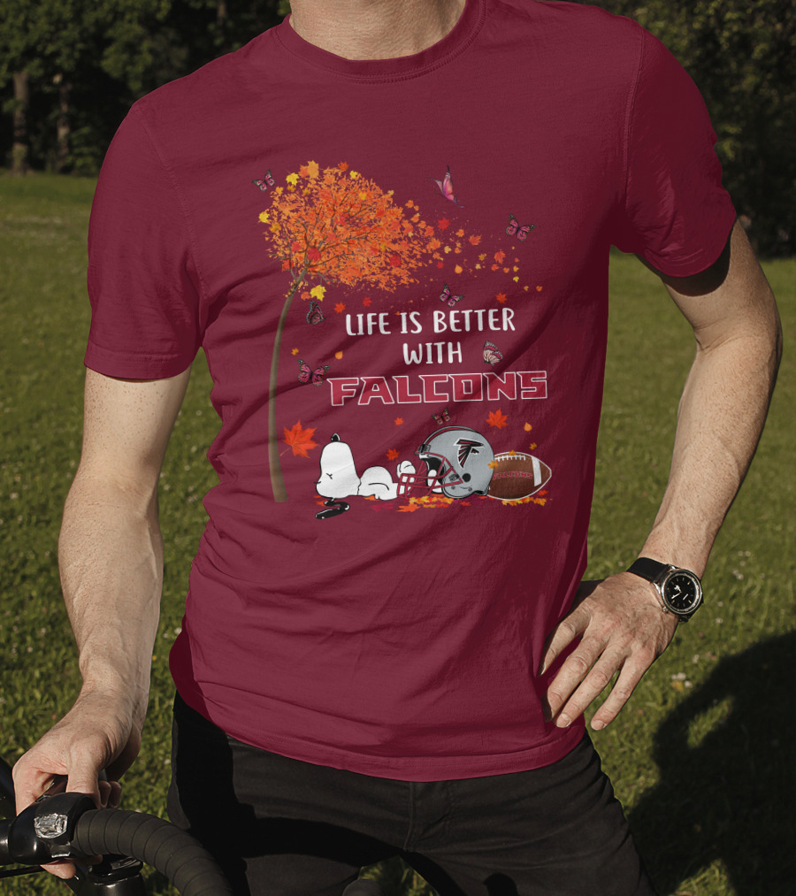 Life Is Better With Falcons Autumn Leaves Helmet Football Snoopy T-Shirt