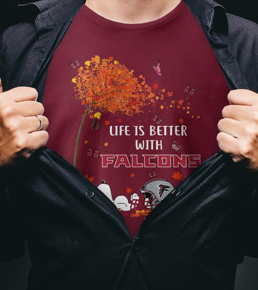 Life Is Better With Falcons Autumn Leaves Helmet Football Snoopy T-Shirt