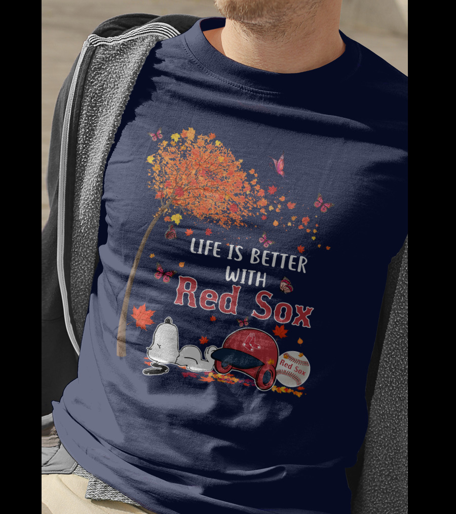 Life Is Better With Red Sox Tree Butterflies Baseball T-Shirt