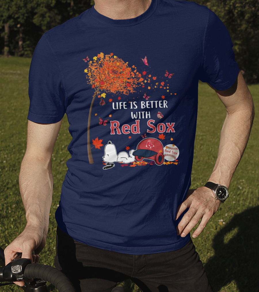 Life Is Better With Red Sox Tree Butterflies Baseball T-Shirt