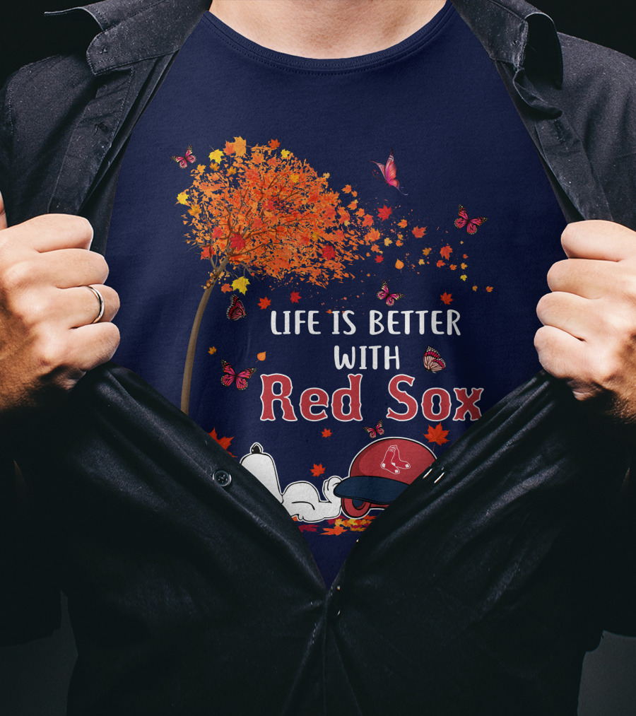 Life Is Better With Red Sox Tree Butterflies Baseball T-Shirt