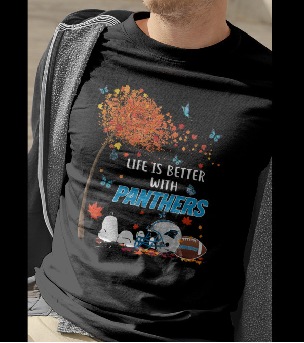 Life Is Better With Panthers Carolina Football Helmet And Autumn Leaves T-Shirt