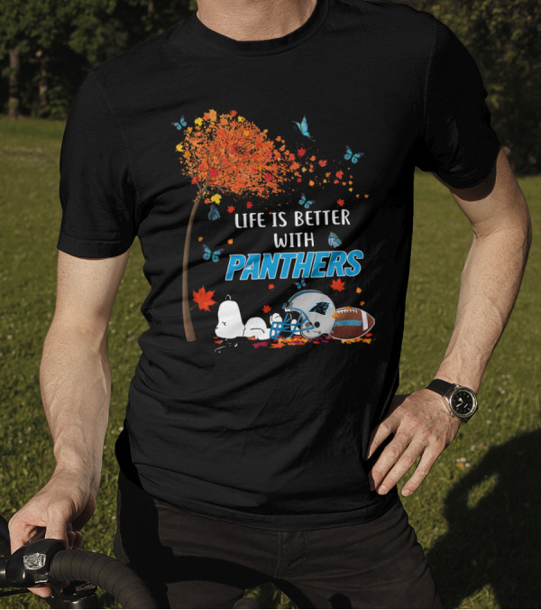 Life Is Better With Panthers Carolina Football Helmet And Autumn Leaves T-Shirt