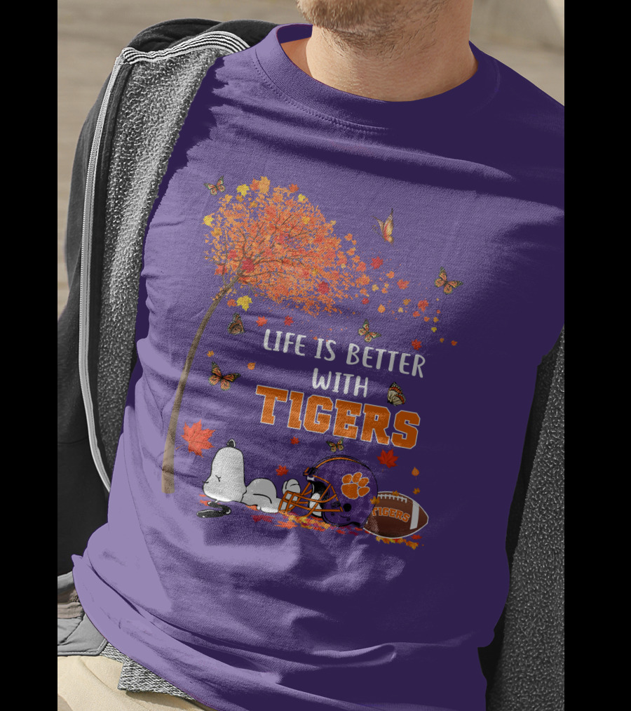 Life Is Better With Tigers Autumn Tree Snoopy Football Helmet Butterflies T-Shirt