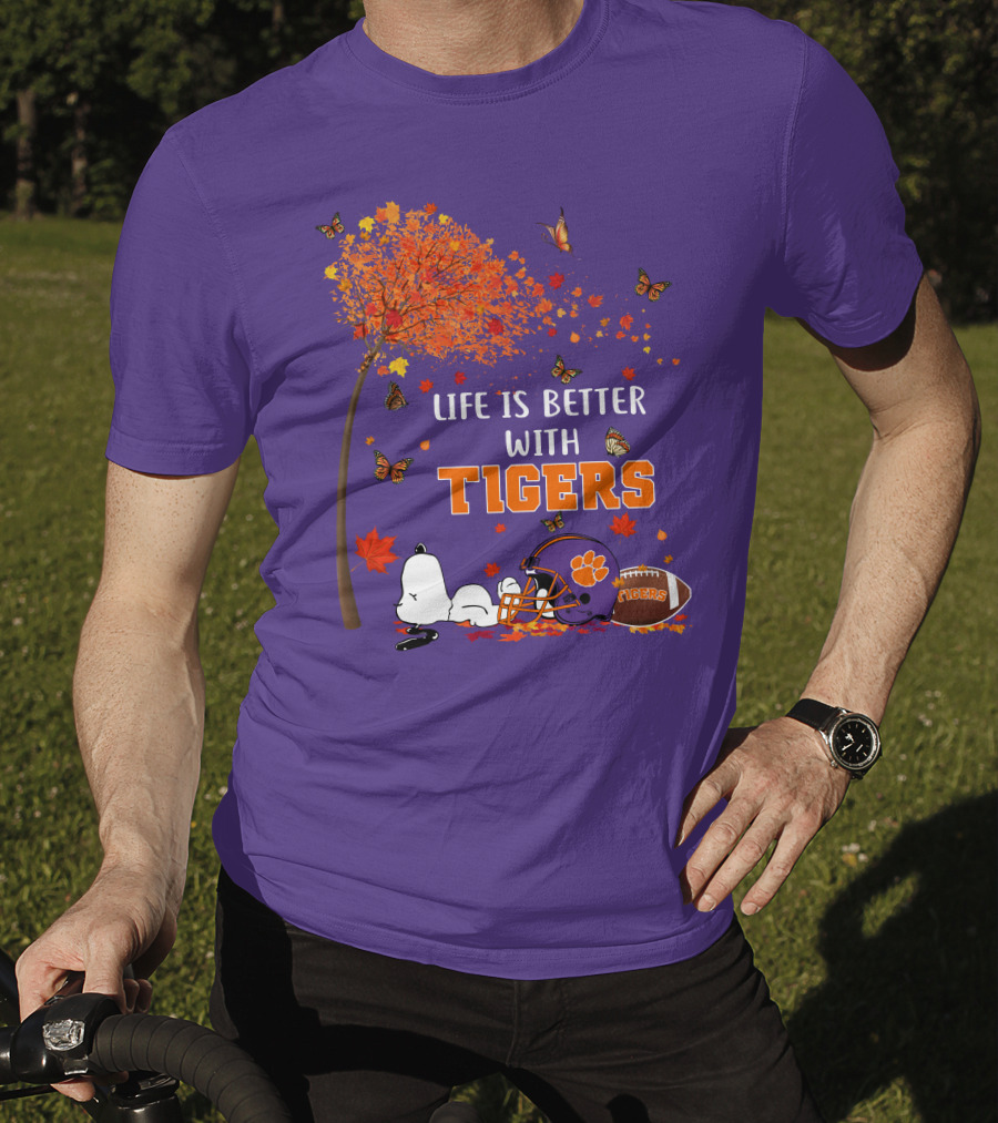 Life Is Better With Tigers Autumn Tree Snoopy Football Helmet Butterflies T-Shirt