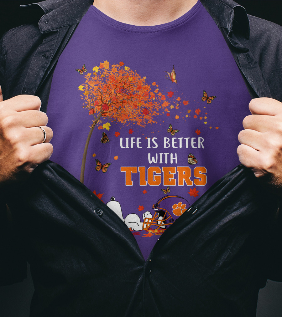 Life Is Better With Tigers Autumn Tree Snoopy Football Helmet Butterflies T-Shirt