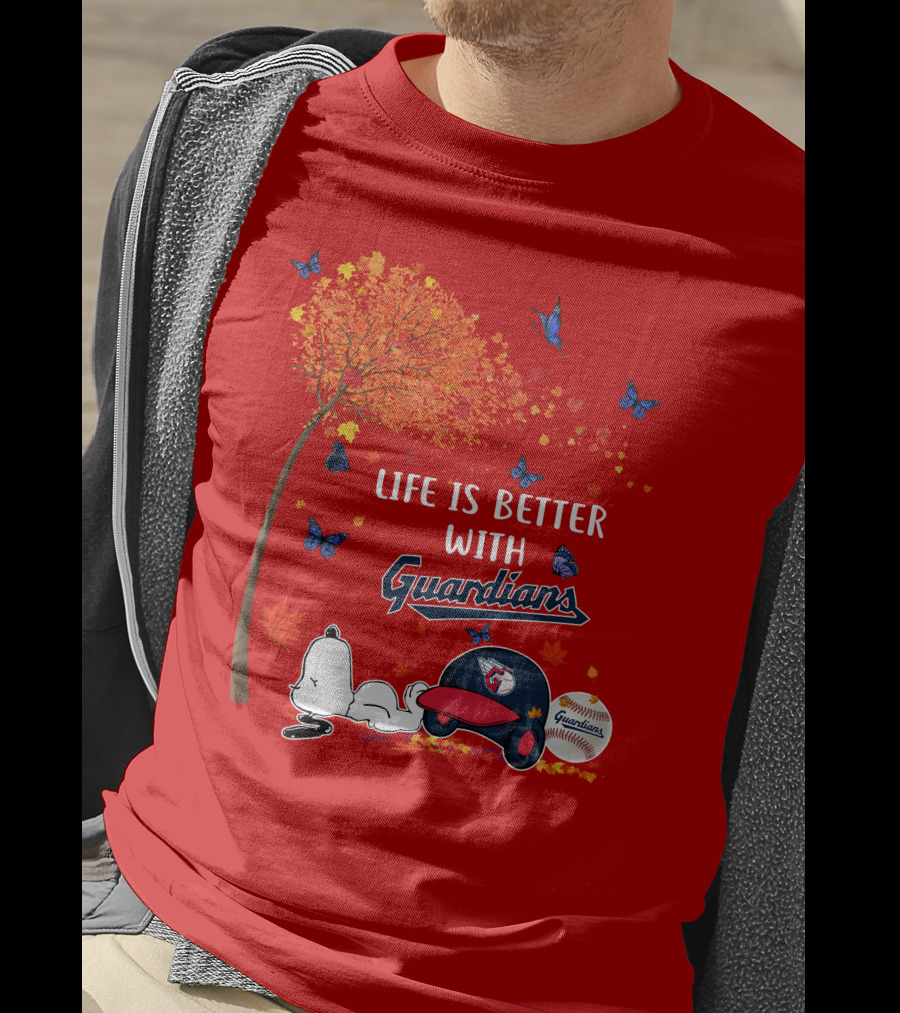 Life Is Better With Guardians Cleveland Guardians Baseball Autumn Tree Snoopy And Butterflies T-Shirt