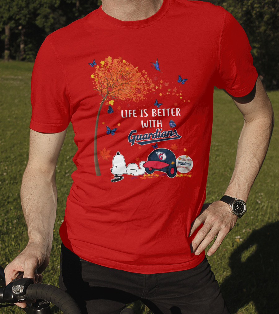 Life Is Better With Guardians Cleveland Guardians Baseball Autumn Tree Snoopy And Butterflies T-Shirt