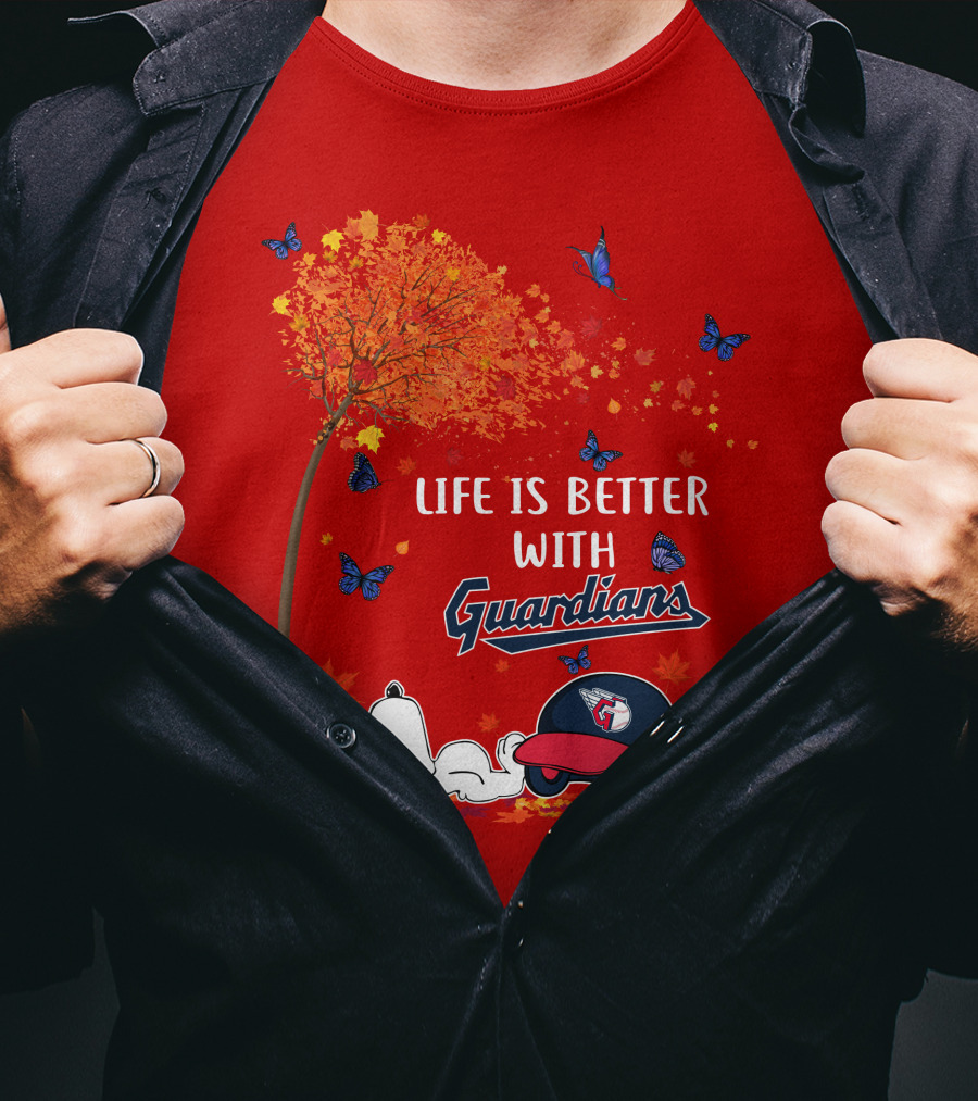 Life Is Better With Guardians Cleveland Guardians Baseball Autumn Tree Snoopy And Butterflies T-Shirt