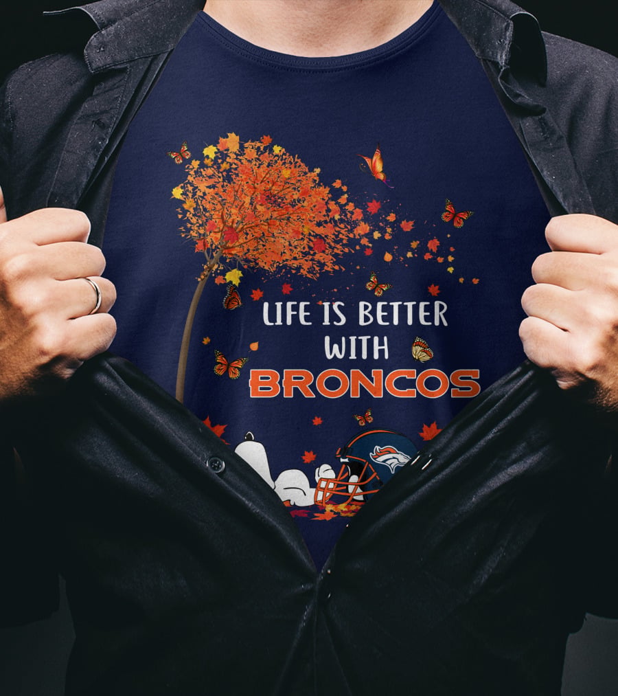 Life Is Better With Broncos Tree Butterflies Helmet Football T-Shirt