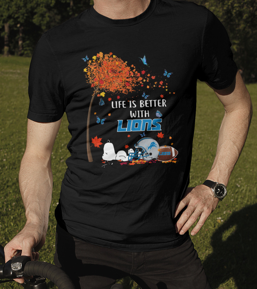 Life Is Better With Detroit Lions Autumn Leaves Football Helmet Snoopy Woodstock T-Shirt