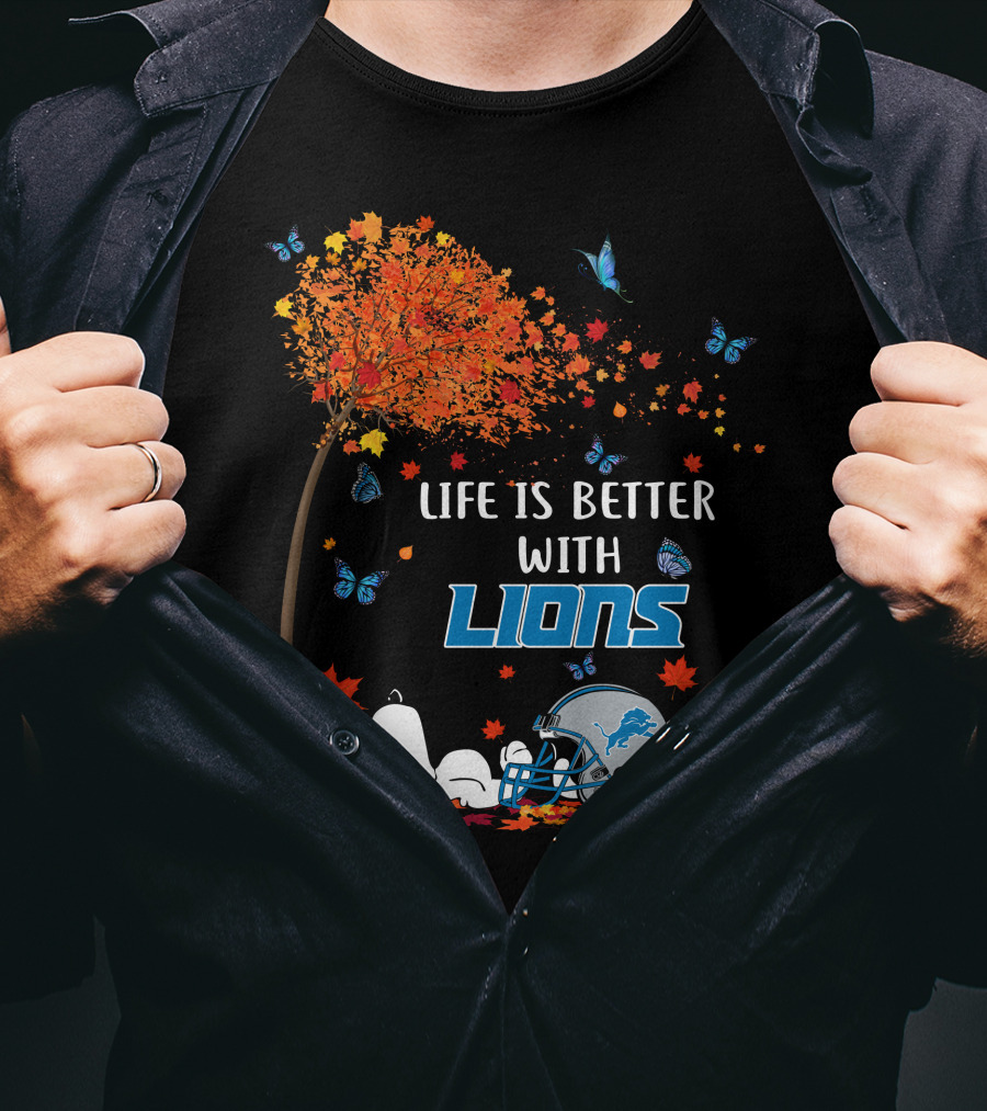 Life Is Better With Detroit Lions Autumn Leaves Football Helmet Snoopy Woodstock T-Shirt
