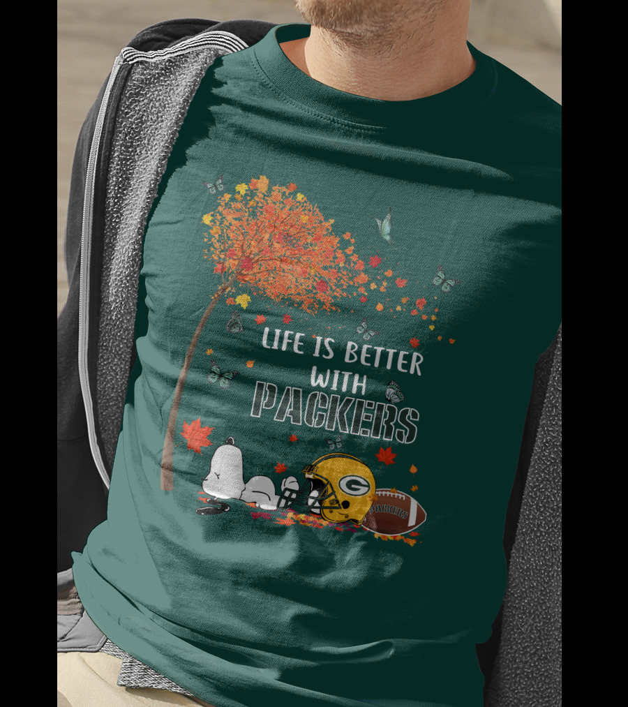 Life Is Better With Packers Green Bay Football Autumn Snoopy Leaves T-Shirt