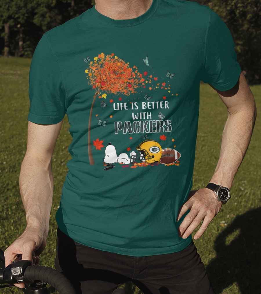 Life Is Better With Packers Green Bay Football Autumn Snoopy Leaves T-Shirt