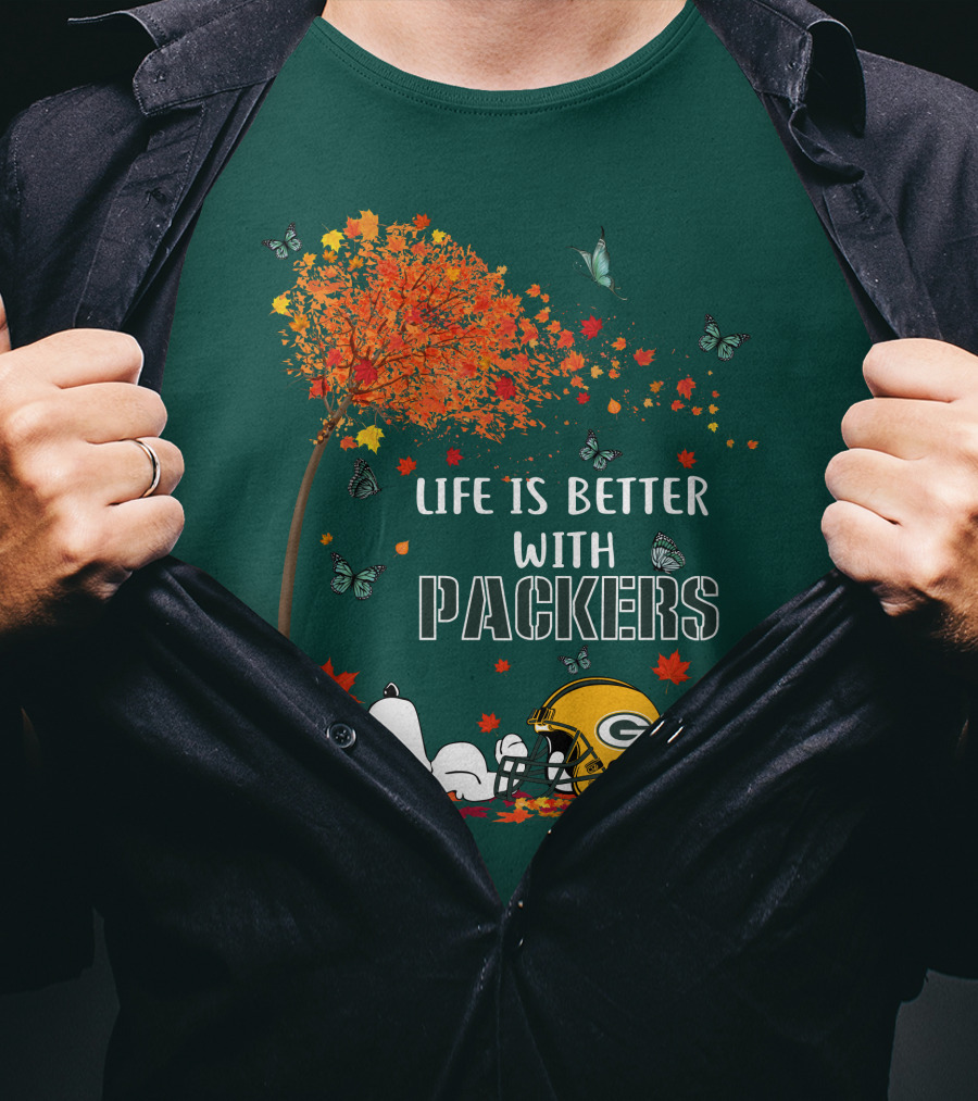 Life Is Better With Packers Green Bay Football Autumn Snoopy Leaves T-Shirt