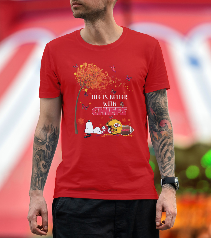 Life Is Better with Chiefs Fall Football Theme Snoopy and Butterflies T-Shirt