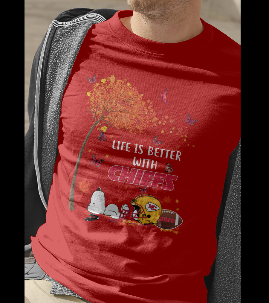 Life Is Better With Chiefs Fall Football Theme Snoopy And Butterflies T-Shirt