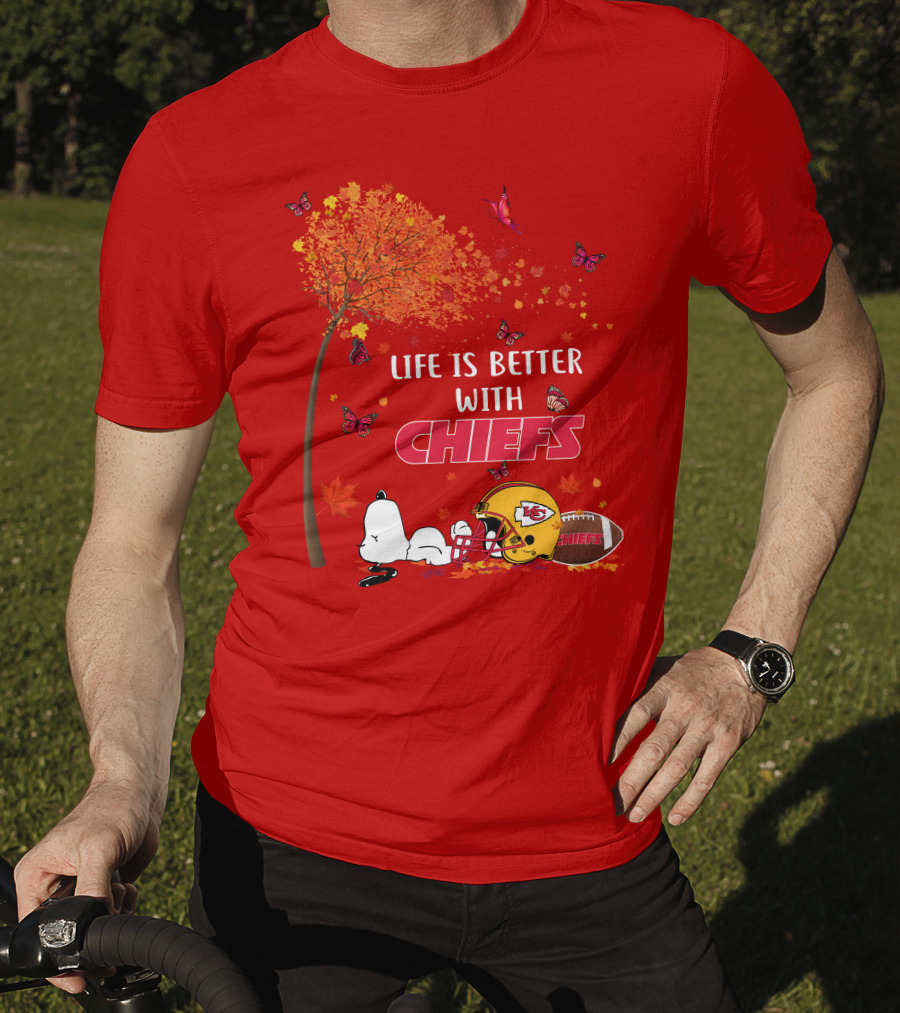 Life Is Better With Chiefs Fall Football Theme Snoopy And Butterflies T-Shirt