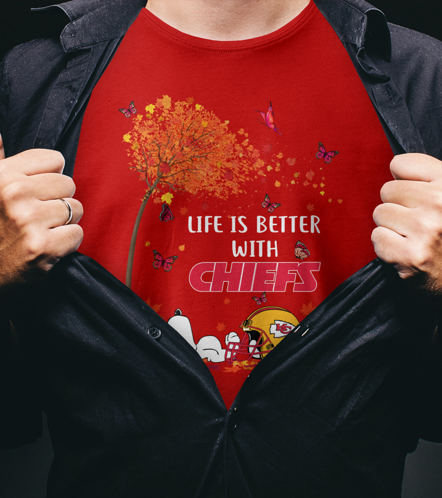 Life Is Better With Chiefs Fall Football Theme Snoopy And Butterflies T-Shirt