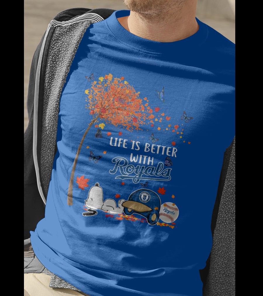 Life Is Better With Royals Baseball Helmet Autumn Leaves Snoopy And Butterfly T-Shirt