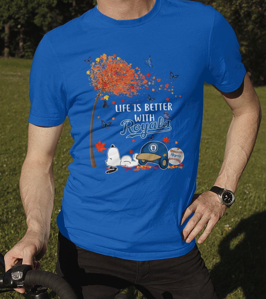 Life Is Better With Royals Baseball Helmet Autumn Leaves Snoopy And Butterfly T-Shirt