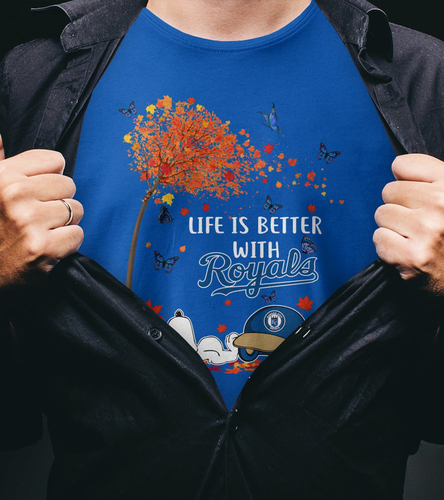 Life Is Better With Royals Baseball Helmet Autumn Leaves Snoopy And Butterfly T-Shirt