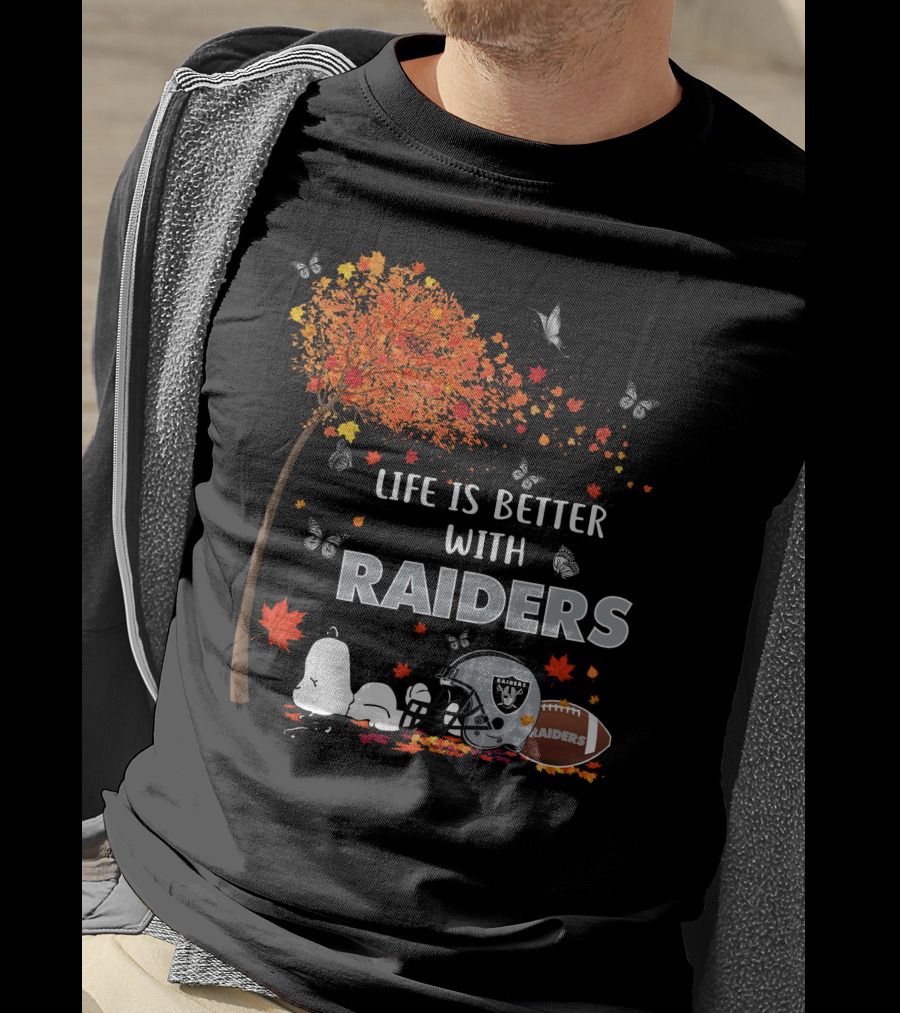 Life Is Better With Raiders Autumn Leaves And Snoopy Under Tree With Butterfly And Football Helmet T-Shirt