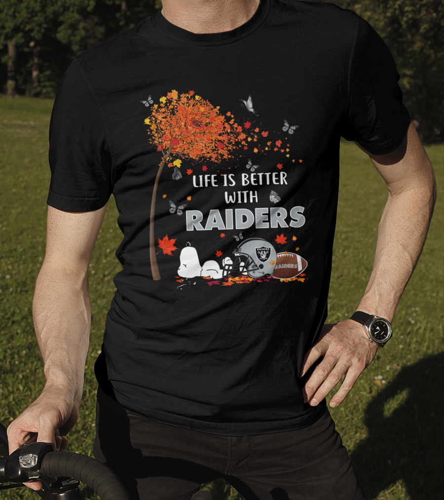 Life Is Better With Raiders Autumn Leaves And Snoopy Under Tree With Butterfly And Football Helmet T-Shirt