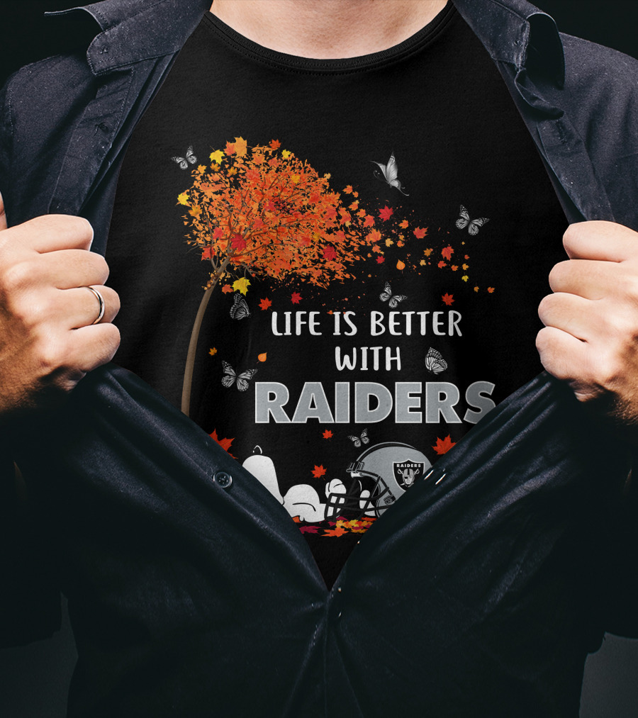 Life Is Better With Raiders Autumn Leaves And Snoopy Under Tree With Butterfly And Football Helmet T-Shirt