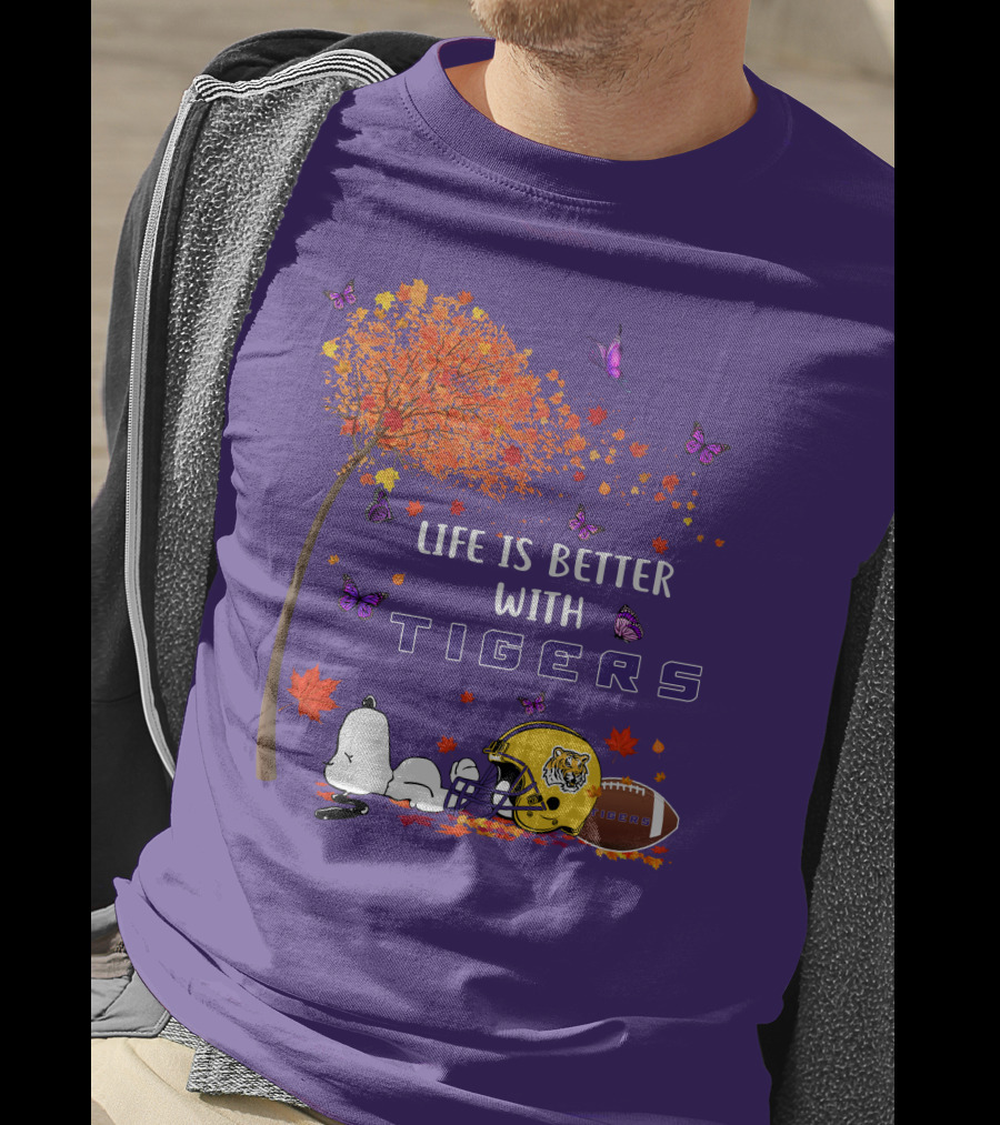 Life Is Better With Tigers Football Leaves Butterflies Helmet T-Shirt