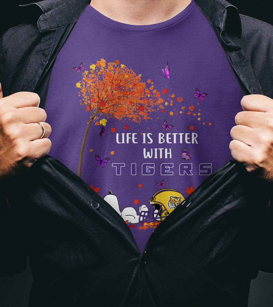 Life Is Better With Tigers Football Leaves Butterflies Helmet T-Shirt