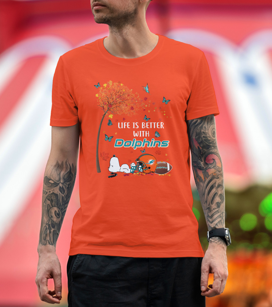 Life Is Better With Dolphins Miami Football Autumn Tree Snoopy Butterflies T-Shirt