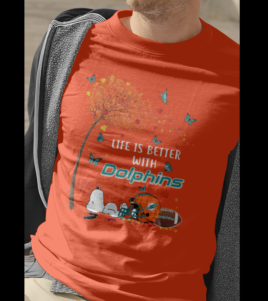 Life Is Better With Dolphins Miami Football Autumn Tree Snoopy Butterflies T-Shirt